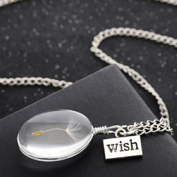 SILVER DANDELION NECKLACE WITH HANGING WISH CHARM - Picture 4 of 12